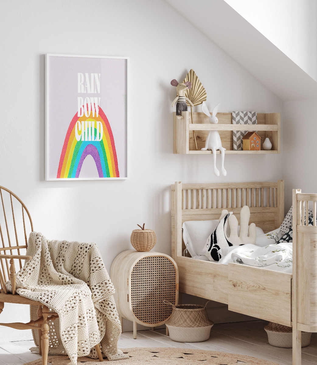 Rainbow Child framed wall art in a kids bedroom